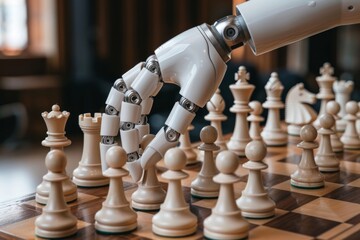 Close up of ai robot s hand strategically maneuvering chess pieces in intense game