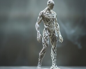 Humanoid figure with intricate wireframe muscles intricately woven throughout their body