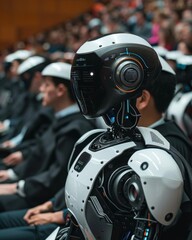 Robot delivering an inspiring address to a crowd of eager listeners at a graduation ceremony
