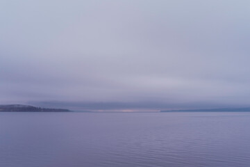 Lake Mjosa seen from the town of Gjovik a misty morning in late April of 2024.