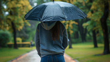 Young woman with an umbrella walks in the park in rainy weather