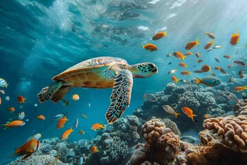 Obraz na płótnie Canvas photo of Sea turtle in the island .sea turtle close up over coral reef in Hawaii ,curious sea turtle swimming gracefully through clear turquoise waters, its intricate shell adorned with barnacles 