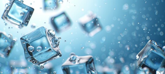 Cold blue ice cubes banner panorama on bluish background for a refreshing visual experience