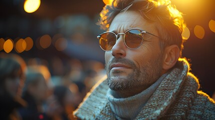 the essence of contentment, our medium shot portrait reveals the satisfaction of a man in his 40s amidst the glamour of a fashion runway, his chic cardigan echoing the sophistication of the event - obrazy, fototapety, plakaty