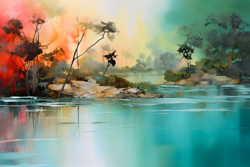 Tranquil Island Haven, abstract landscape art, painting background, wallpaper, generative ai - obrazy, fototapety, plakaty