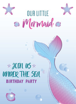Mermaid birthday invitation. Under the sea theme party. Vector illustration.