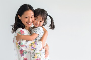 Happy asian woman holding little asian girl with smile, Mother and daughter laughing, isolate on white background