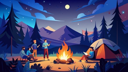 Starry Night Camping in the Wilderness with Friends and Campfire