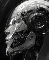 3d rendering robot artificial intelligence cyborg head isolated on gray background.