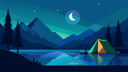 Serene Lakeside Camping Under Starry Night Sky Illustration