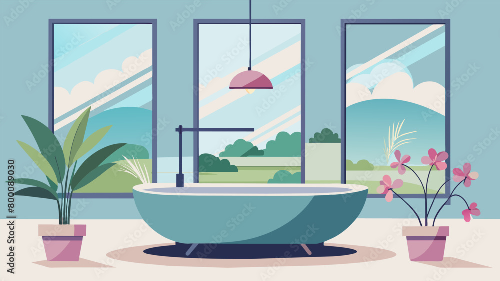 Poster a modern bathtub with a wall of floortoceiling windows framing a serene outdoor view and a small dis