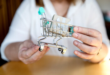 Shopping cart - business woman shopper. Woman showing holding mini shopping cart with the gift....