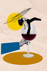 3D photo collage trend of pin up young flirty lady dance funky in glass wine alcohol hold in hand geometry elements circle doodle - obrazy, fototapety, plakaty