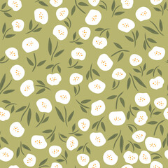 A lot of small  flowers and leaves on green background. vector illustration.	
