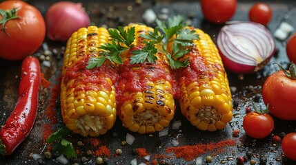 Boiled corn with sauce and herbs on it