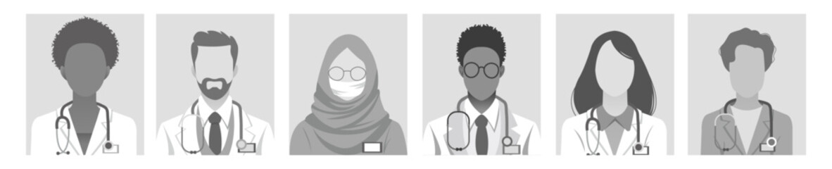 Default placeholder doctor profile icons. Diverse male and female avatar set, nurses and medical staff, professional images for forums, blogs, websites, online medical consulting or instant messengers