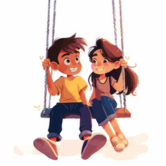 a boy and a girl sitting on a swing