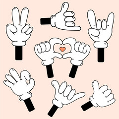 Retro comic hands gestures in gloves set .Doodle arm pointing finger show different signs,rock sign,heart,peace and victory,shaka sign,thumbs up.Cartoon groovy funny hands isolated vector illustration
