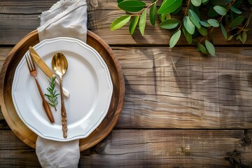 A rustic wooden table setting with white plates, gold cutlery and green eucalyptus leaves for an autumn wedding or special event. Ai generated - Powered by Adobe