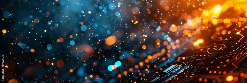 Poster blue circuit board with illuminated lights and yellow dots for a futuristic tech design