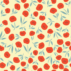 A lot of small red flowers, and green leaves vector illustration on yellow background.	
