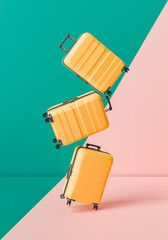 Floating Luggage Concept on Duo-Tone Background