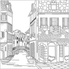 Architecture sketch vector illustration. Travel sketch of Italy Venice, Europe. Liner sketches architecture of Venice in retro style. water gondola gondolier Italy Venice, Rialto bridge.