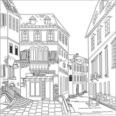 Old town. Street cafe. Old city view. European cityscape: house, building, Street cafe. Old houses on white background. City landscape. Life style.  Venice. vector Illustration