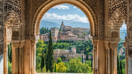 High-angle view of the Alhambra's intricate architecture, Moorish palace - Powered by Adobe