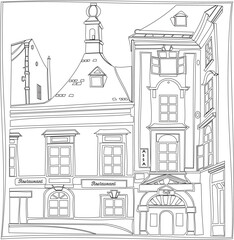 Old town. Street cafe. Old city view. European cityscape: house, building, Street cafe. Old houses on white background. City landscape. Life style. Vector Illustration