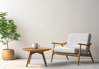 white wooden armchair and wooden table in front of white wall realistic illustration