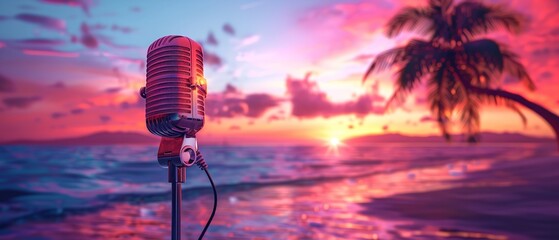 This summer beach party notion depicts an obsolete microphone over a stand staying over the sand of a shoreline at dusk and space, Generative AI.