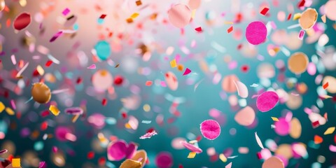 Colorful paper confetti pieces scattered in the air against a teal backdrop, symbolizing celebration.