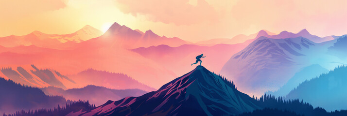 A lone runner achieves the crest of a mountain ridge against a backdrop of a warm sunset glow, resonating progress