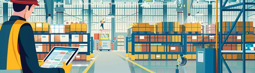 Obraz premium Monitoring shipping process on digital dashboard, clear tablet display, distribution center, wide shot