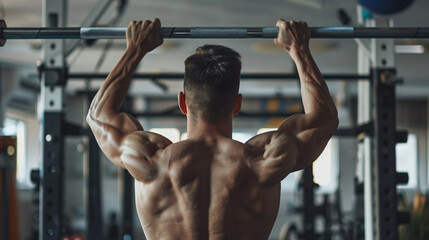 Naklejka premium Rear view of a strong athletic man doing pull-ups on the horizontal bar in the gym