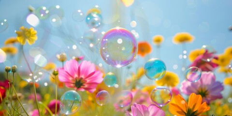 Joyful scene of colorful soap bubbles floating above a vibrant flower meadow under sunlight.