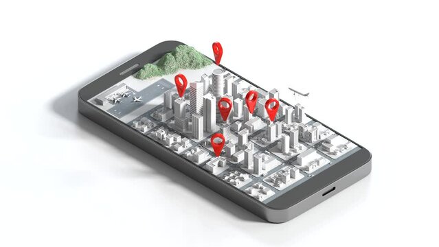 Mobile GPS navigation concept, Smartphone with city map application and marker pin pointer.