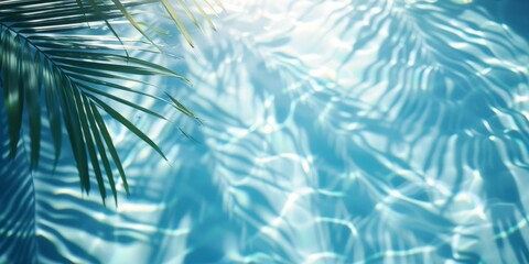 A serene palm leaf shades over tranquil turquoise swimming pool water, reflecting subtle light patterns.