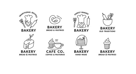 Vector set of templates linear logos for bakery, cafe, cupcake shop, pastries. Emblem with bakery objects