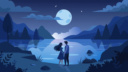 The peacefulness of a lake at night interrupted only by the murmurs of a couple sharing secrets under the moon.. Vector illustration