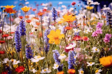 Flower meadow with wildflowers. Colorful flowers background.