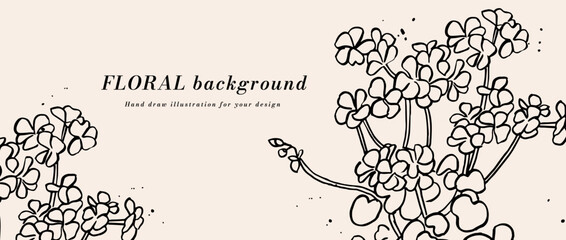 Vector background or banner, sketch with geranium flowers and typography template. Web wallpaper. Linear floral art with botanical illustration