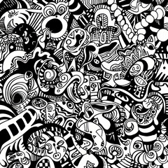 Naklejka premium AI's creative prowess shines through in the intricate details of the abstract doodle art piece against a black and white background.