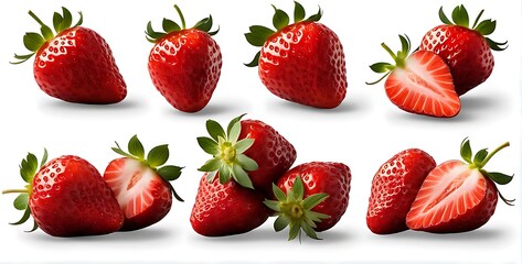 set of Strawberry , many angles and view side top front sliced halved group cut isolated on white background cutout. Mockup template for artwork graphic design 