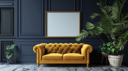 A chic living room featuring a mustard velvet sofa against a navy blue wainscoted wall, with a large blank frame ready for art, flanked by lush indoor plants 