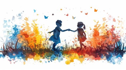 Two children playing watercolor splashes on a white background