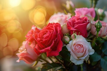 A close-up of a vibrant rose bouquet, featuring a mix of red, pink, and white roses, intertwined with delicate greenery, set against a soft, blurred background of a romantic sunset