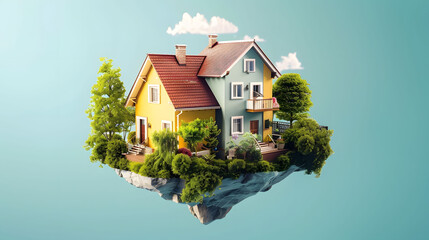 Surreal Floating House on a Small Island Against a Blue Sky Background