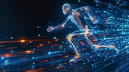 A depiction of a running guy with an x-ray interface over a dark blue setting with fuzzy motion, depicting orthopedic tech or bones and joints care and space, Generative AI.